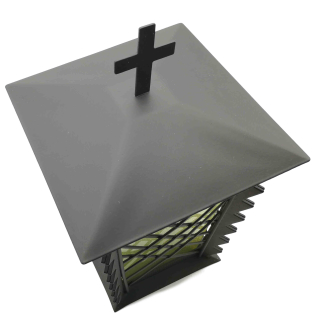 Grablaterne Stahl schwarz matt mit Gittern und grünem Glas 24 cm Kreuz