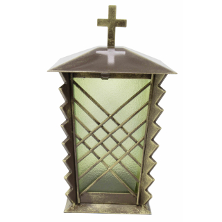 Grablaterne Stahl in hochwertiger Bronzeoptik mit Gittern und grünem Glas 24 cm Kreuz