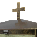 Grablaterne Stahl in hochwertiger Bronzeoptik mit Gittern und grünem Glas, inkl. LED-Kerze, 24 cm, Kreuz